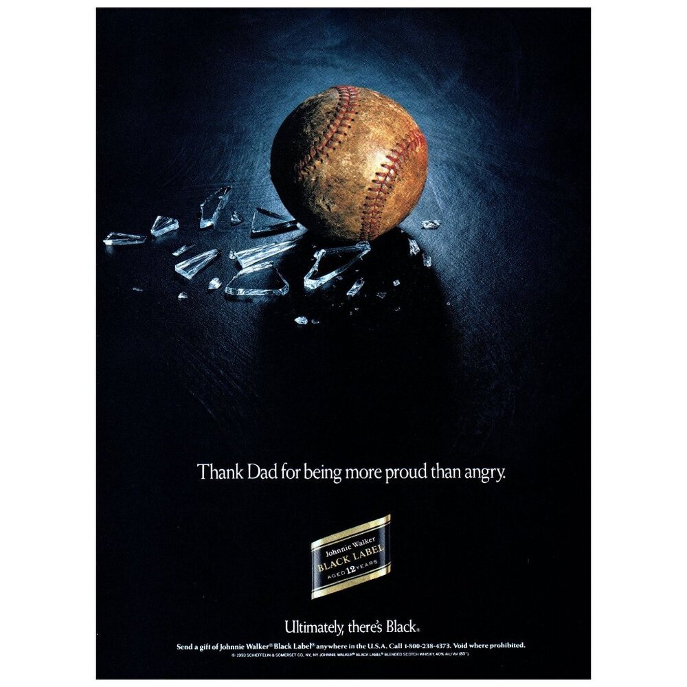 1993 Johnnie Walker Black Label Scotch Vintage Print Ad Baseball Broken WIndow
